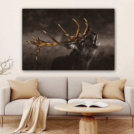 Toile Peinture Cerf - Noir - Or - 120x80 cm - Décoration murale