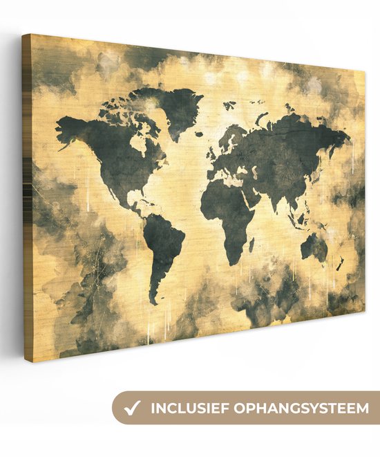 Wereldkaart avec peinture gris foncé et sable sur fond avec motif texturé 120x80 cm