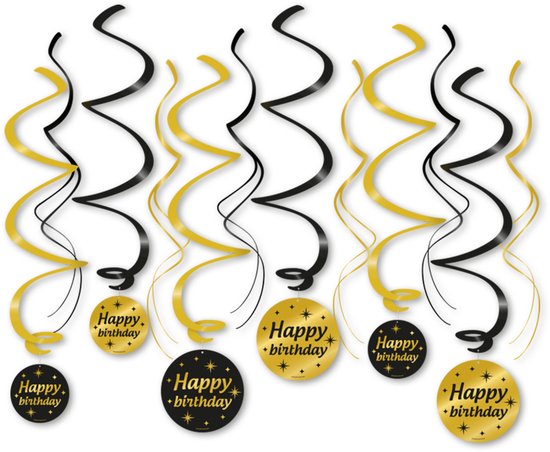 Q2P – Happy Birthday Slingers – Zwart & Gouden Hangdecoratie – Verjaardag Versiering – Feest Swirl – 12 Stuks