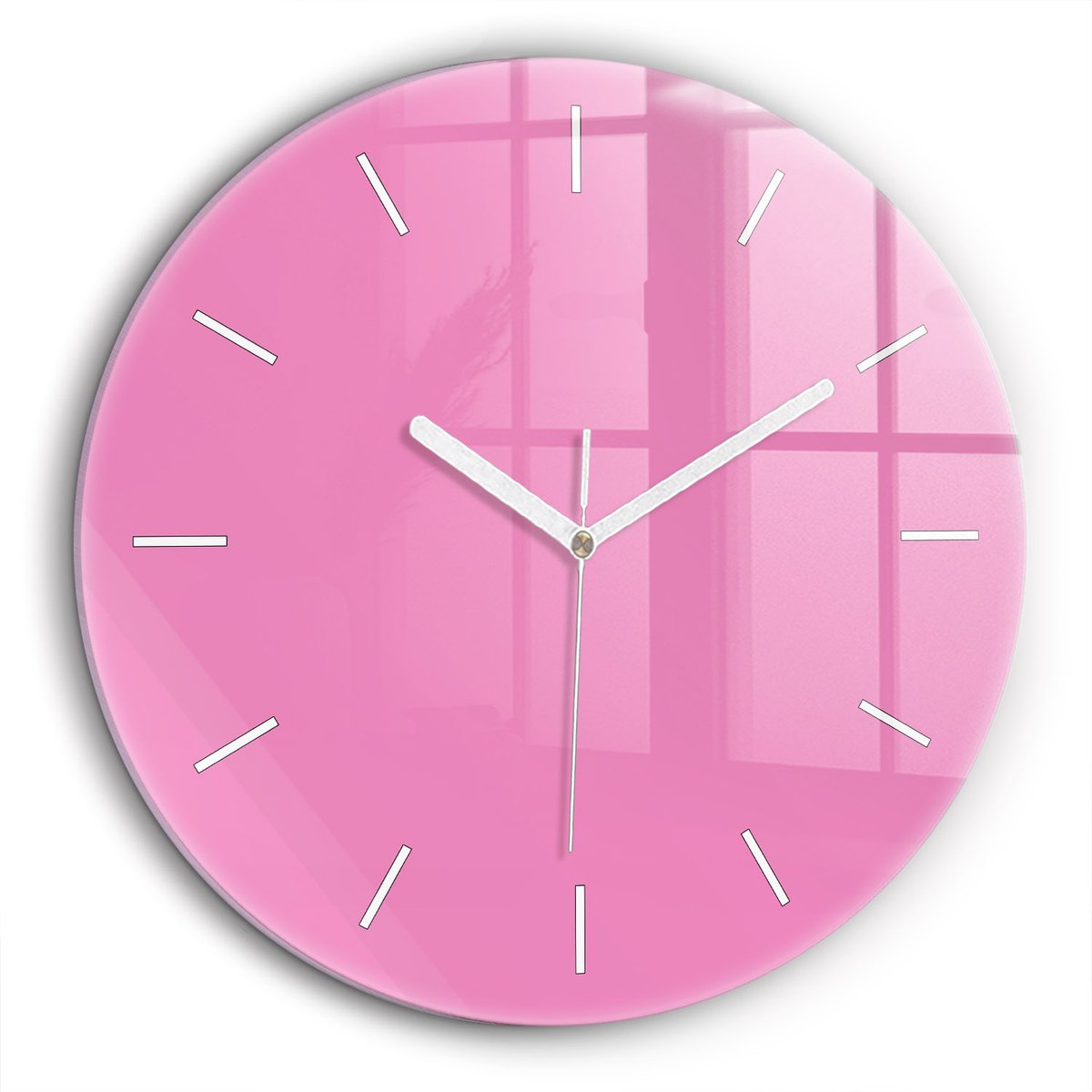 Wallfluent Wandklok - Roze Ronde Glazen Klok - 60 cm x 60 cm - Roze Wandklok - Witte Handen - Wandklok Zonder Cijfers - Wandklok voor in de Keuken - Ronde Glazen Wandklok - Industrieel Wandklok - Ronde Glas Klok