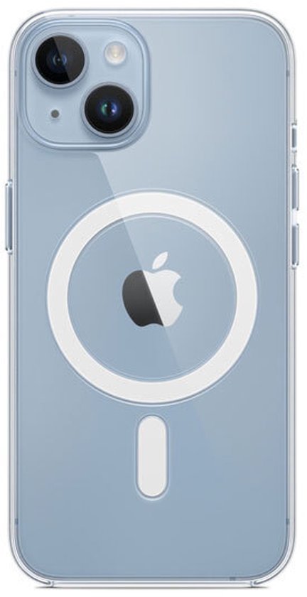 Coque transparente bleutée avec anneau magnétique pour iPhone 14 Plus.