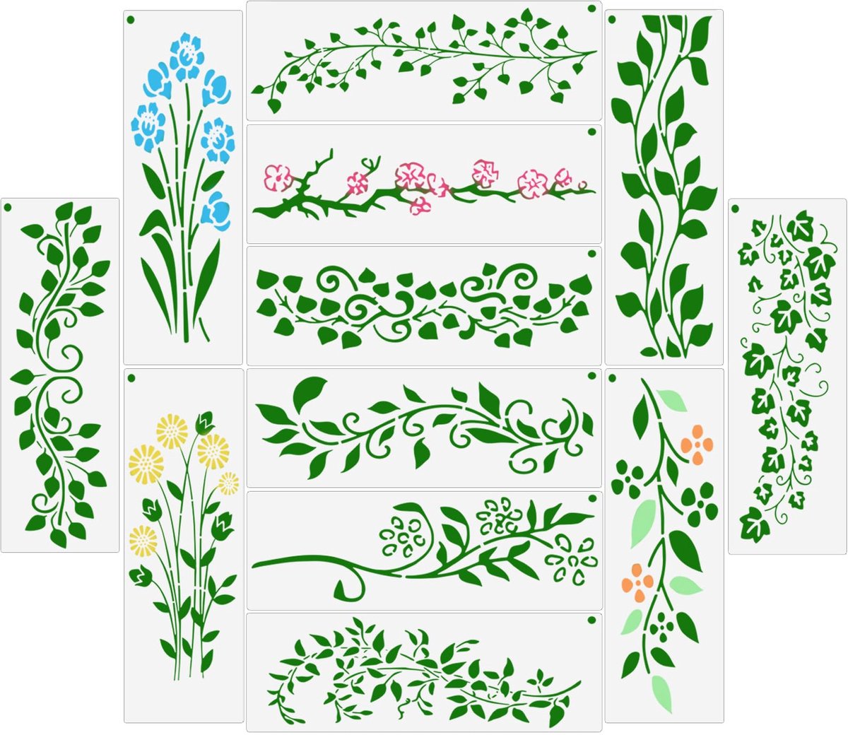 Wijnstokblad-sjablonen 12-stuks - 10 x 30 cm - Herbruikbare PET-plasticsjablonen voor Muur- en Meubelontwerp