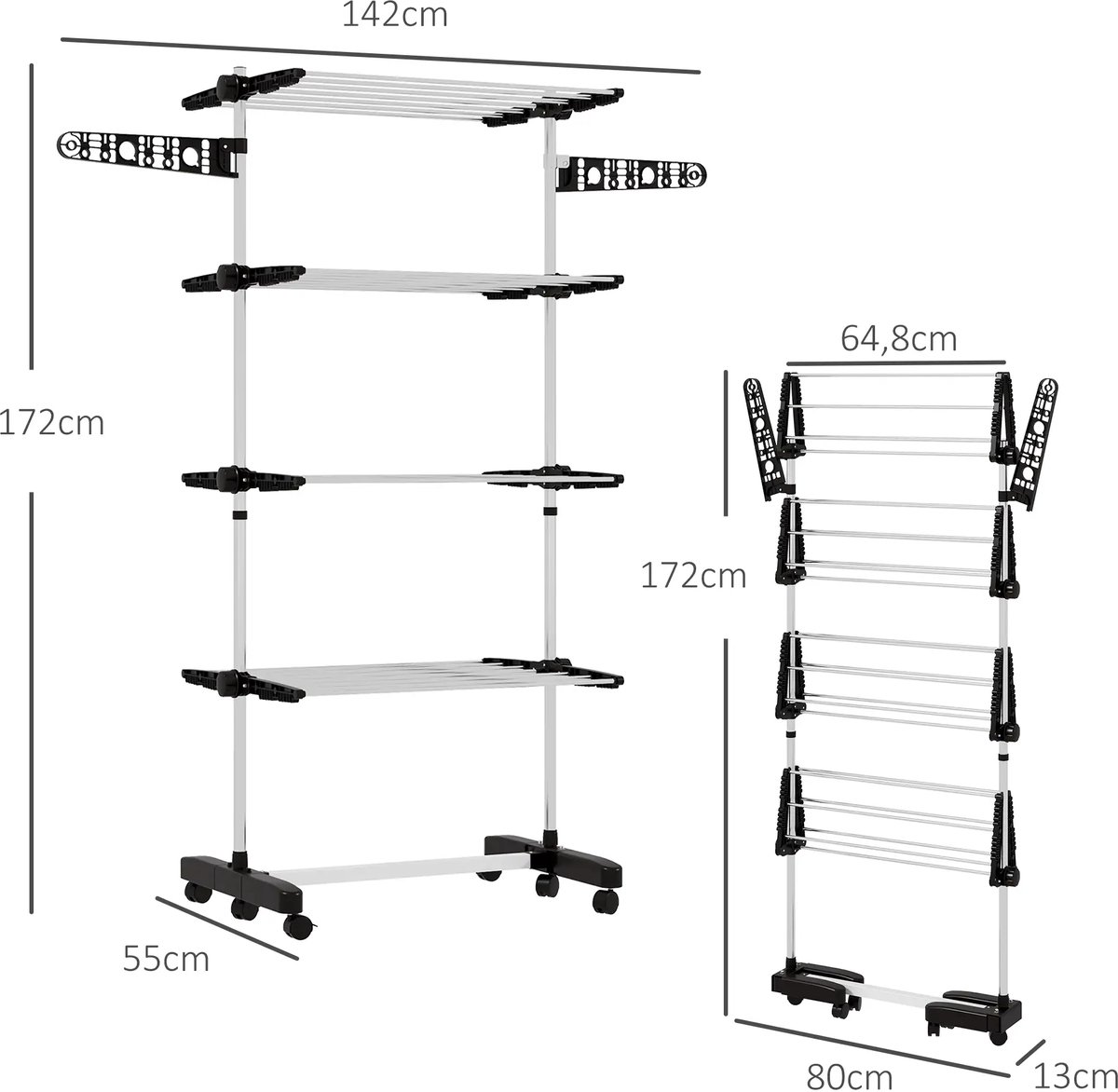Pugsdrly Wasrek Wasdroger 5 niveaus, opvouwbaar, One-Click-systeem, 142 cm x 55 cm x 172 cm, zwart + zilver