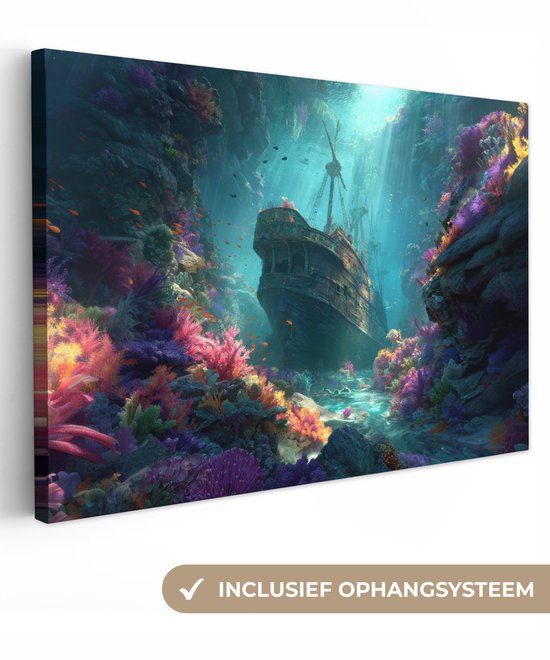 Tableau sur toile 120x80 cm - Décoration murale - Bateau - Bois - Récifs coralliens - Lumière du soleil - Décoration murale salon - Décoration chambre - Accessoires de chambre - Peintures sur toile