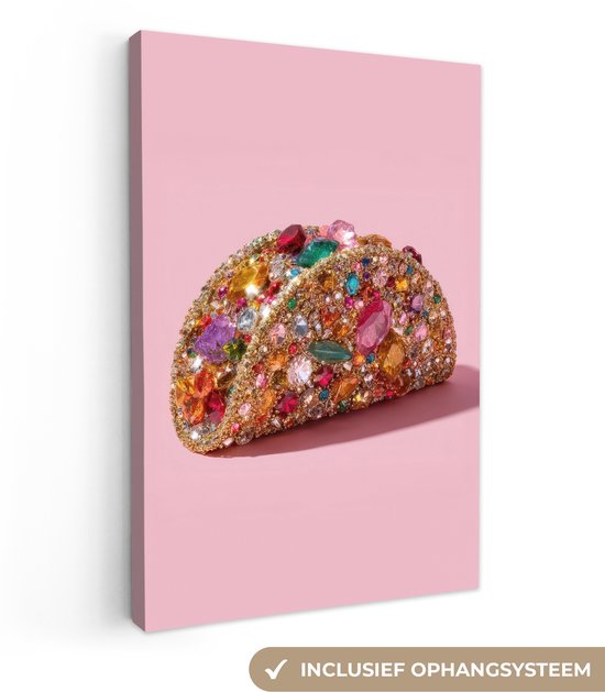 Canvas van een taco, versierd met kleurrijke edelstenen, met het opschrift 'inclusief ophangsysteem'.