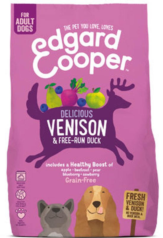 Edgard & Cooper hondenvoer zak met hert en eend, met afbeeldingen van fruit en een hert.