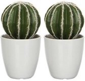 2x Groene Echinocactus/bolcactus kunstplant 28 cm in witte plastic pot - Kunstplanten/nepplanten