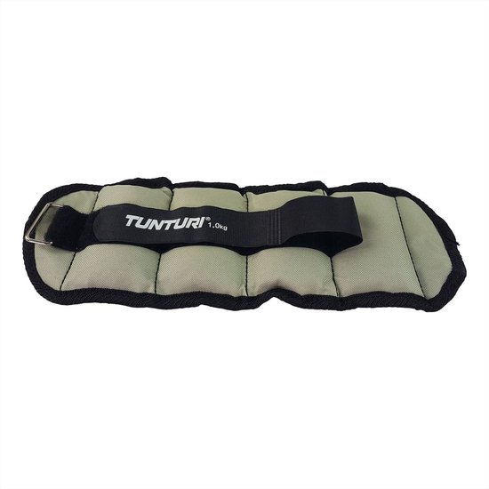 Eén grijs Tunturi enkel-/polsgewicht van 1.0kg met zwarte band.
