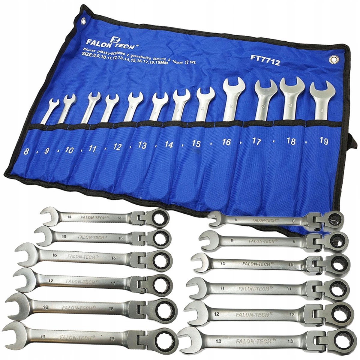 Set van 12 gebogen ringsleutels met ratel, 8-19mm, CrV staal