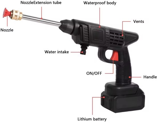 Nettoyeur Haute Pression Sans Fil 980 PSI - 2 Batteries 4000mAh, Buse 6 En 1, Tuyau 5m, Idéal Voiture, Jardin, Vélo, Nettoyage Polyvalent