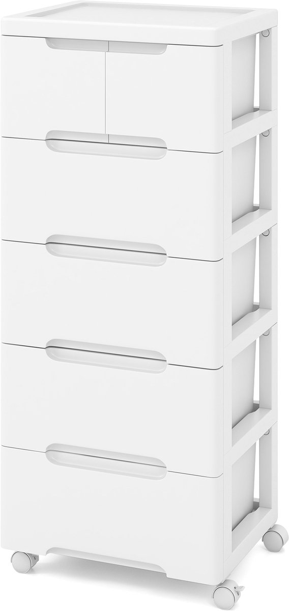 COSTWAY Nisenkast verticale opbergkast, commode met laden, universele en vergrendelbare wielen, badkamerrolwagen voor woonkamer, kantoor, salon, wit (6 laden)