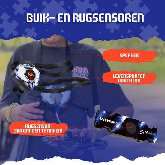 Buik- en rugsensoren voor lasergame. Met speaker en levenspuntindicatie.