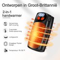 Zwarte handwarmer met display "100", oranje gloed en pijl-animatie. "Ontworpen in Groot-Brittannië".