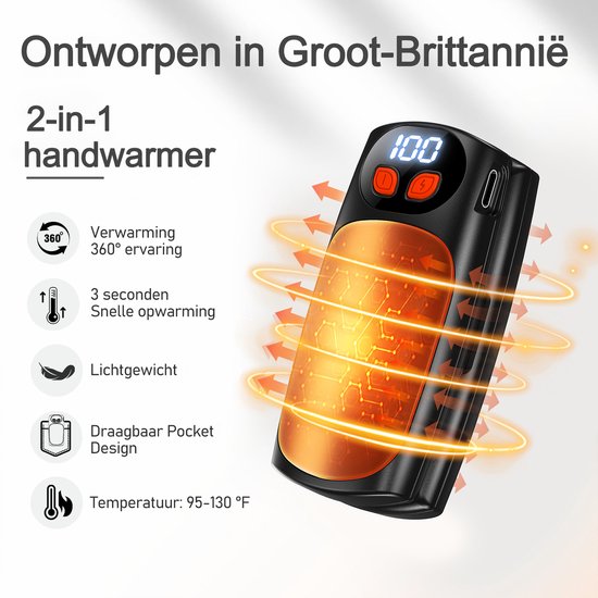 Zwarte handwarmer met display "100", oranje gloed en pijl-animatie. "Ontworpen in Groot-Brittannië".