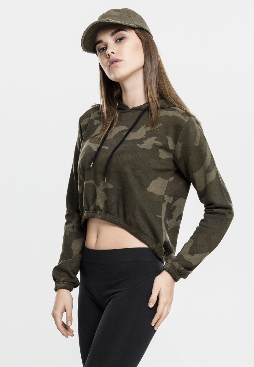 Urban Classics Ladies Camo Cropped Hoodie Trui met capuchon XS Woodland