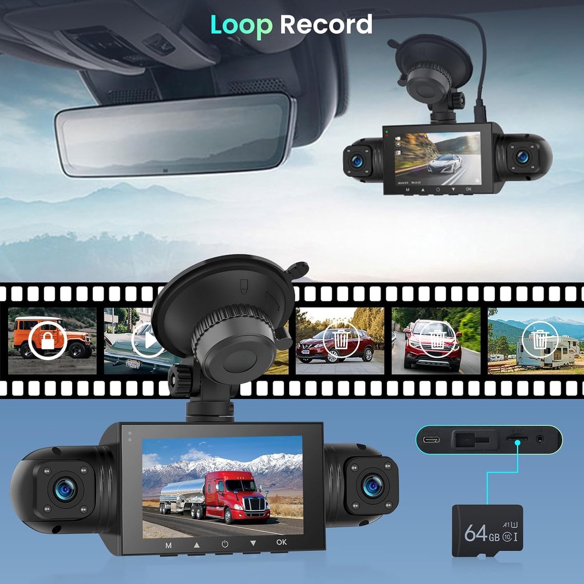 Dashcam voor auto voor en achter – Dual dashcam – Voor- en achtercamera – Autocamera – Full HD dashcam – Dashcam met nachtzicht – Dashcam met bewegingssensor – Groothoeklens – Parkeermodus – Loop recording – Dashcam met SD-kaart – foto 6
