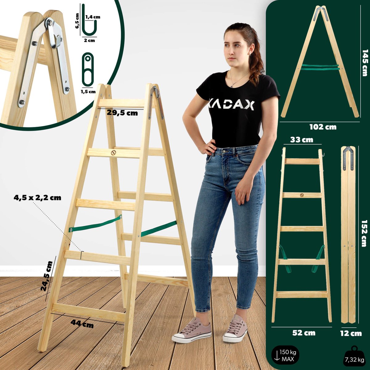 KADAX Houten ladder, bokladder tot 150 kg, opvouwbare schilderladder, dubbele trap ladder met stalen haken, elektricienieladder, staande ladder, huishoudladder (5 treden) – foto 6
