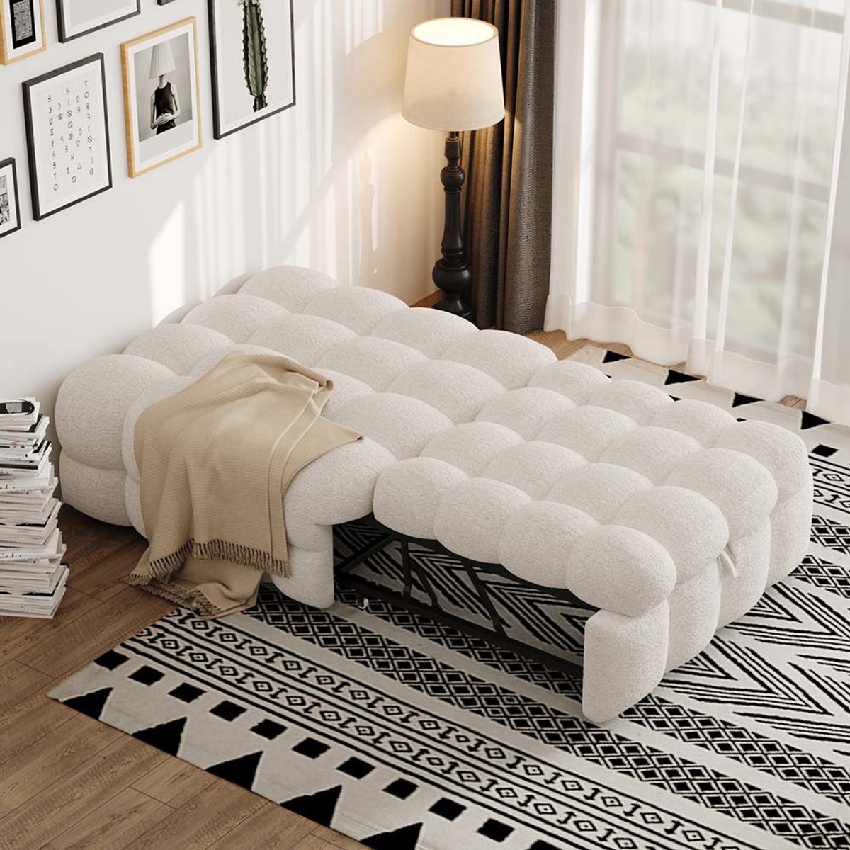 Komhtom Gestoffeerd bed, poef 2-in-1, uitschuifbare slaapbank, eenpersoonsbed, zacht bed, teddystof, beige