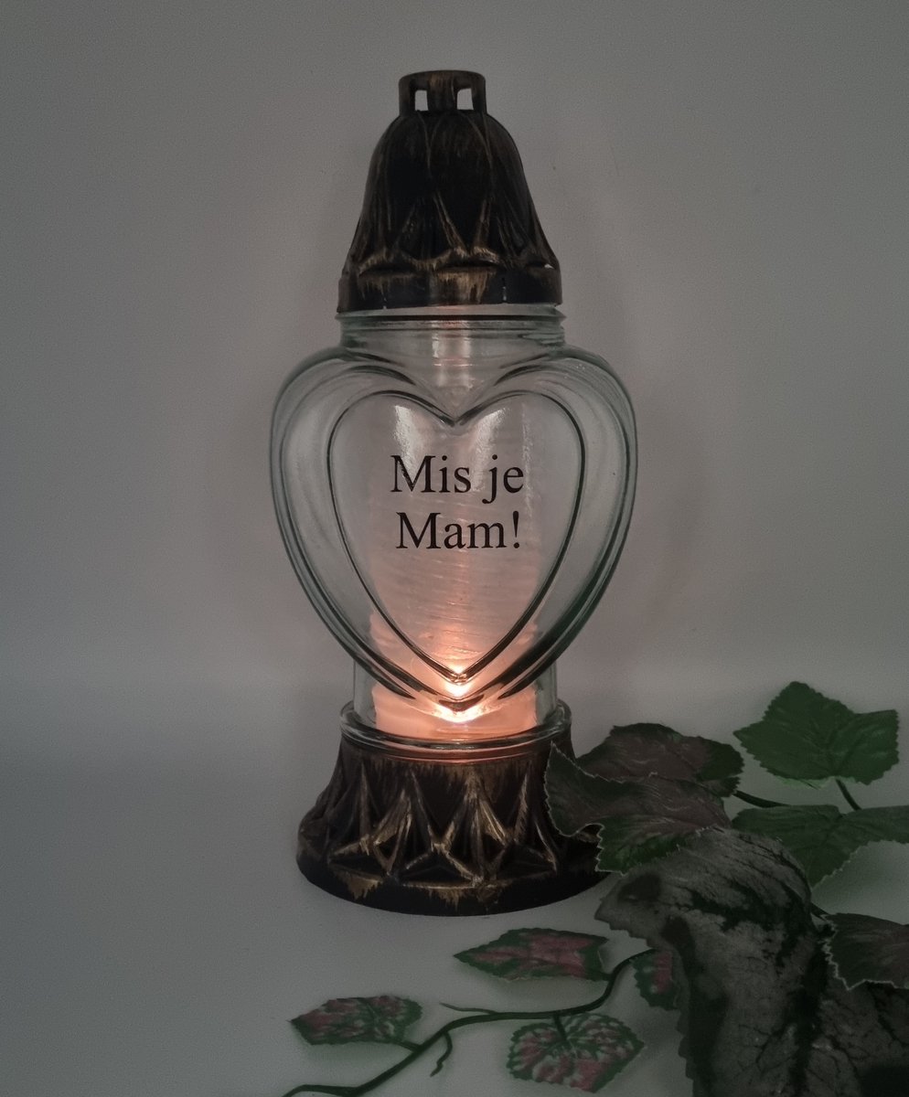 Herdenkingslicht - P39 - Goud - Transparant glas - Mis je mam! - Grafkaars – Graflicht – Graflantaarn