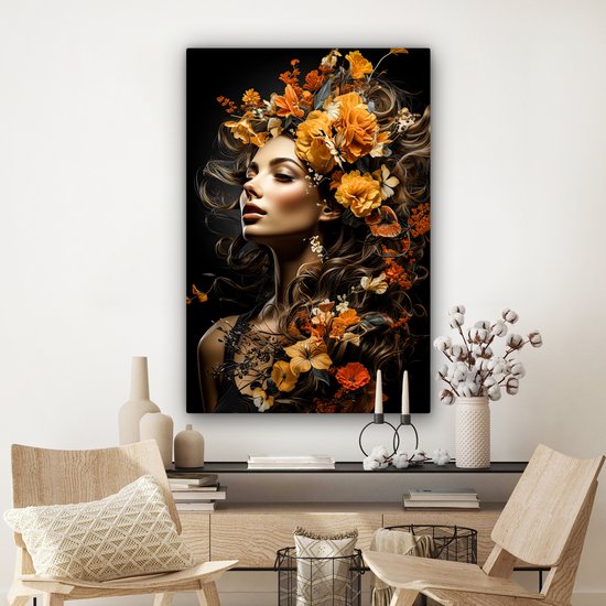 Peinture sur toile 80x120 cm - Femme fleurs - Accessoires de décoration de chambre - Peintures portrait salon - Décoration murale chambre - Décoration murale cuisine - Toile murale intérieur - Décoration maison