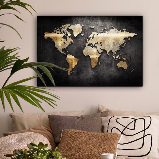 Toile Wereldkaart - 90x60 - Décoration murale Wereldkaart - Or - Zwart
