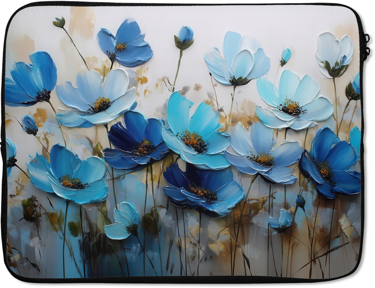 Laptophoes 15.6 inch - Bloemen - Schilderij - Blauw - Laptop sleeve - Binnenmaat 37x26 cm - Zwarte achterkant