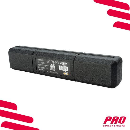 Zwarte opbergkoffer voor momentsleutel, met specificaties: 1/4", 2-24 Nm.
