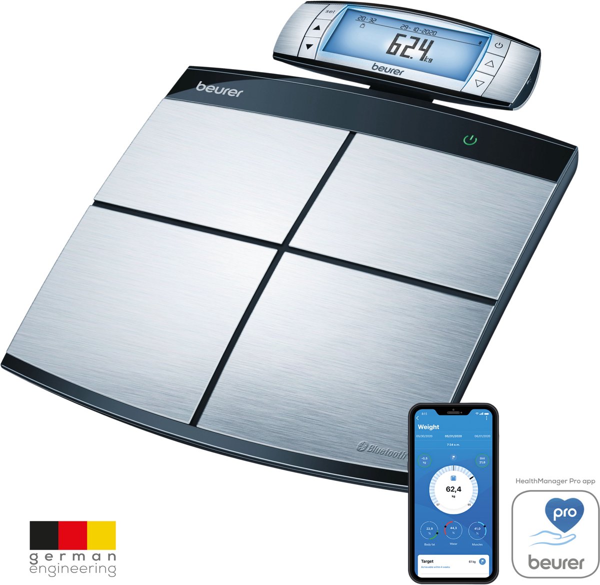 Beurer BF105 - Personenweegschaal lichaamsanalyse - Bluetooth - 180kg - RVS