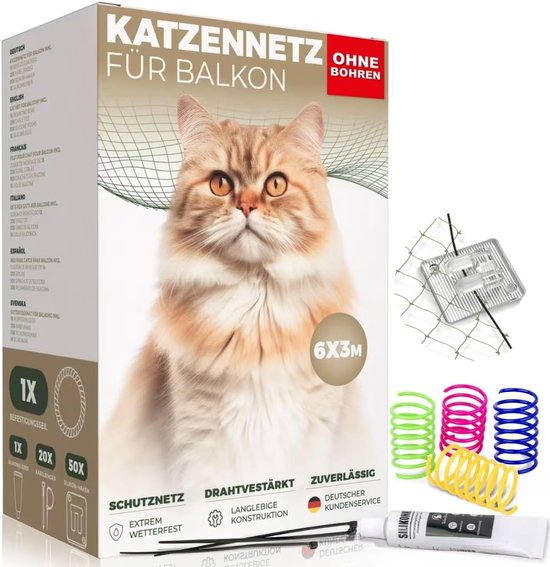 WOOWOOD Kattennet voor balkon (zonder boren) - met plakhaakjes & siliconenlijm - Kattennet met draadversterking - Kattenbeschermingsnet weerbestendig - Kattennet raam Kattenrooster - Kattennet balkon