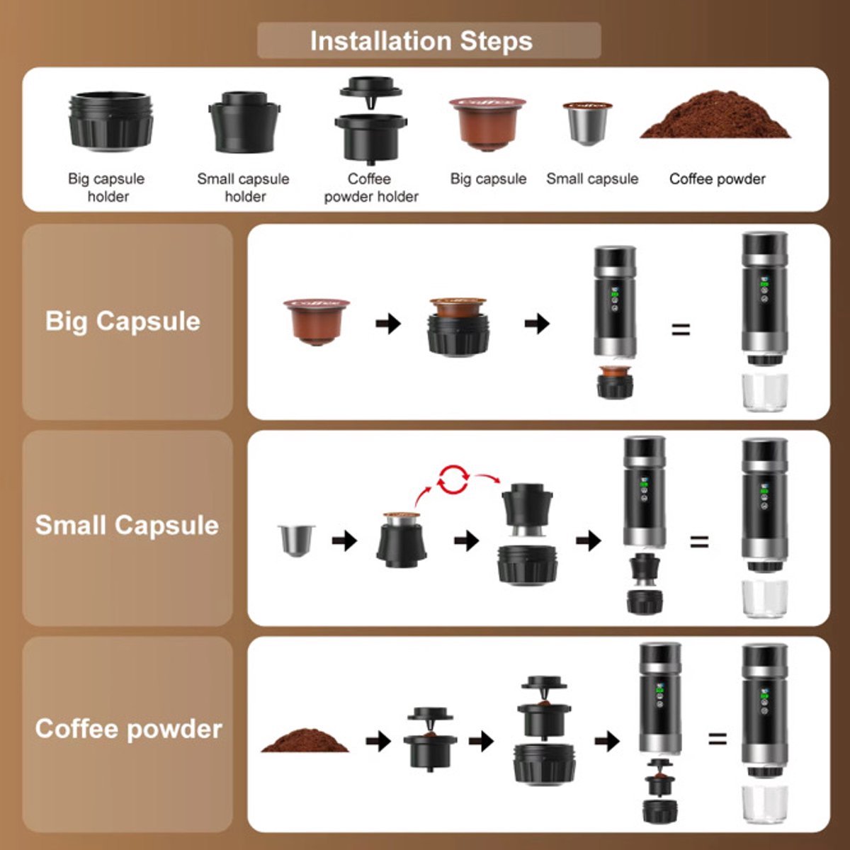 Lordani Draagbaar Koffieapparaat voor Onderweg | Inclusief Tas | Digitale Display | 60ml | 12 Volt | Espresso | Nespresso | Dolce Gusto | Capsule Koffie | Gemalen Koffie | Cups | Oplaadbaar | Draagbare Koffiemachine | Zwart&Zilver — afbeelding 4