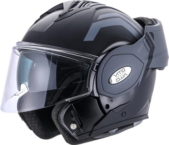 Vito Reverse Systeemhelm - Motorhelm en Scooterhelm met Opklapbaar Kinstuk en Zonnevizier - Zwart / Grijze Helm voor Scooter, Motor en Brommer - Voor Dames en Heren - Geschikt voor Volwassenen - Maat M