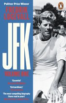 Boek "JFK Volume One" door Fredrik Logevall, met een portret van een jonge John F. Kennedy in sportkleding.