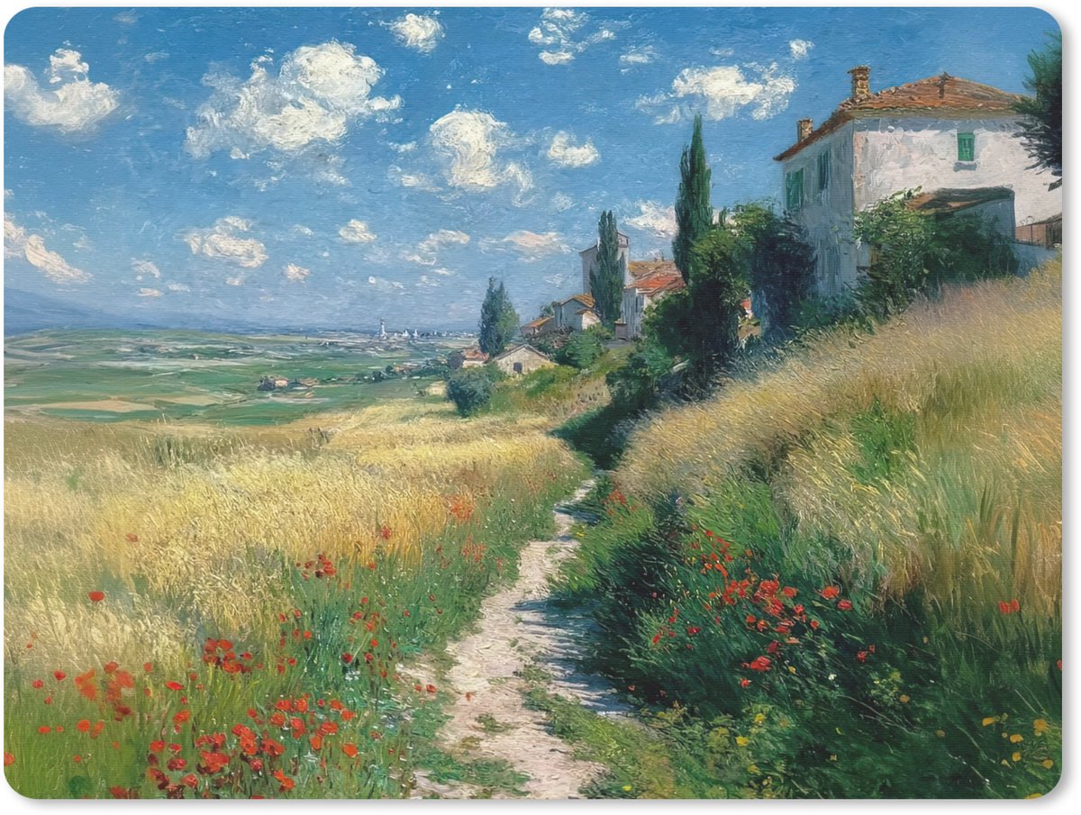 Muismat 23x19 cm - Mousepad Zandpad - Huis - Bomen - Grasveld - Muismatten