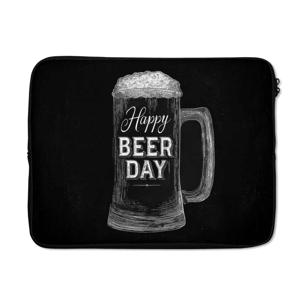 Laptophoes 15.6 inch - Bierpul - Witte krijtletters - Happy beer day - Laptop sleeve - Binnenmaat 37x26 cm - Zwarte achterkant