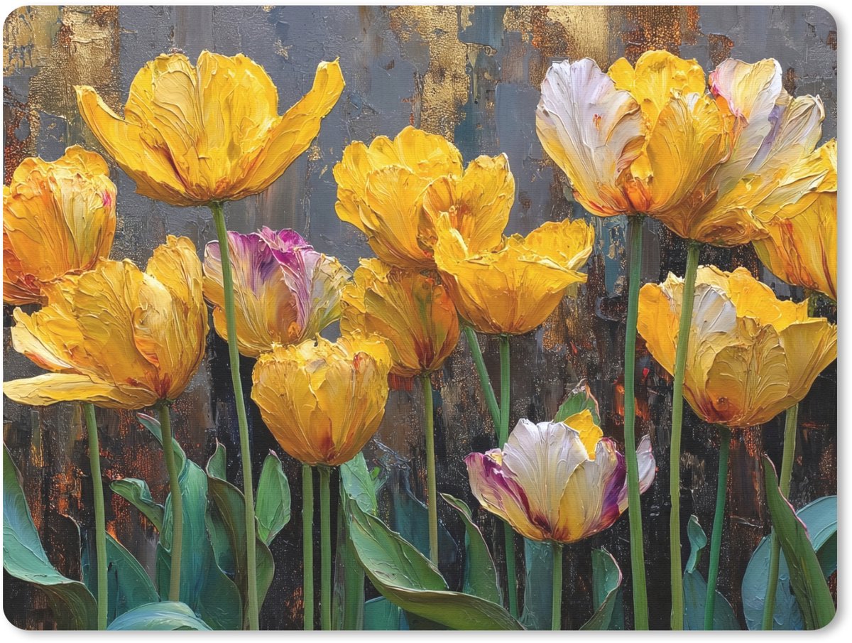 Muismat 23x19 cm - Mousepad Tulpen - Geel - Penseelstreken - Abstract - Muismatten