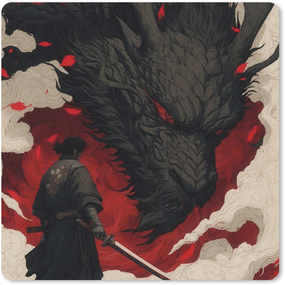 Muismat 30x30 cm - Mousepad Krijger - Draak - Zwart - Rood - Rook - Muismatten