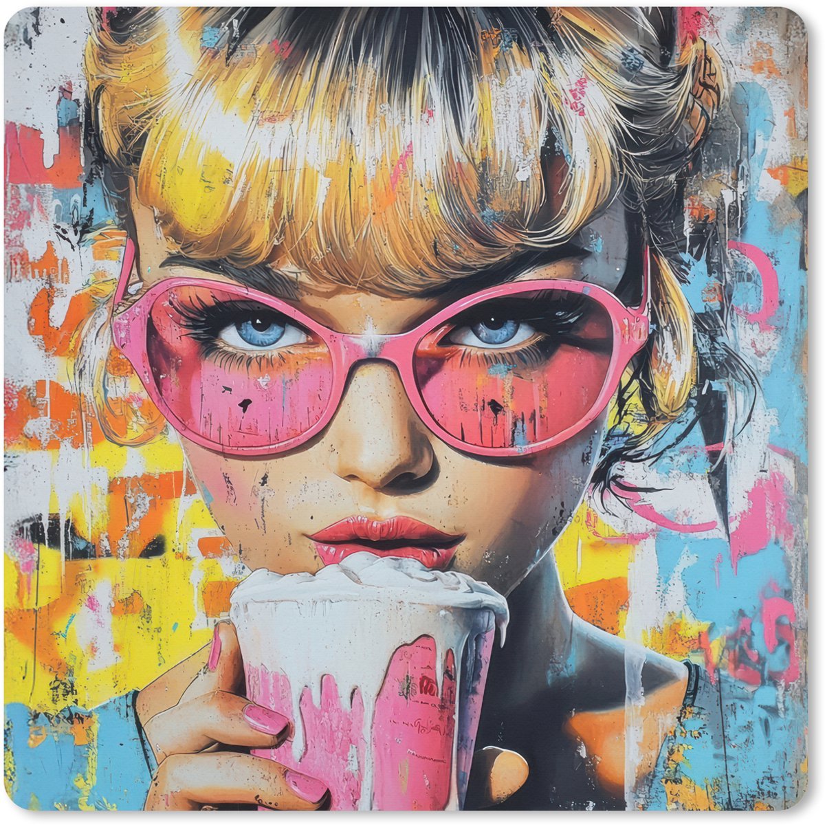 Muismat XXL 40x40 cm - Bureau onderlegger - Bureau mat Expressief - Milkshake - Vrouw - Felle kleuren - Bureaumat - Gaming mousepad xl - Bureaulegger groot - Computer deskmat