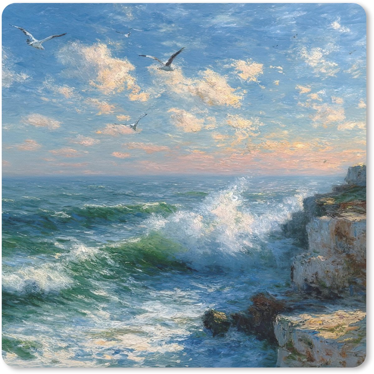 Muismat 30x30 cm - Mousepad Zee - Golven - Rotsen - Meeuwen - Muismatten