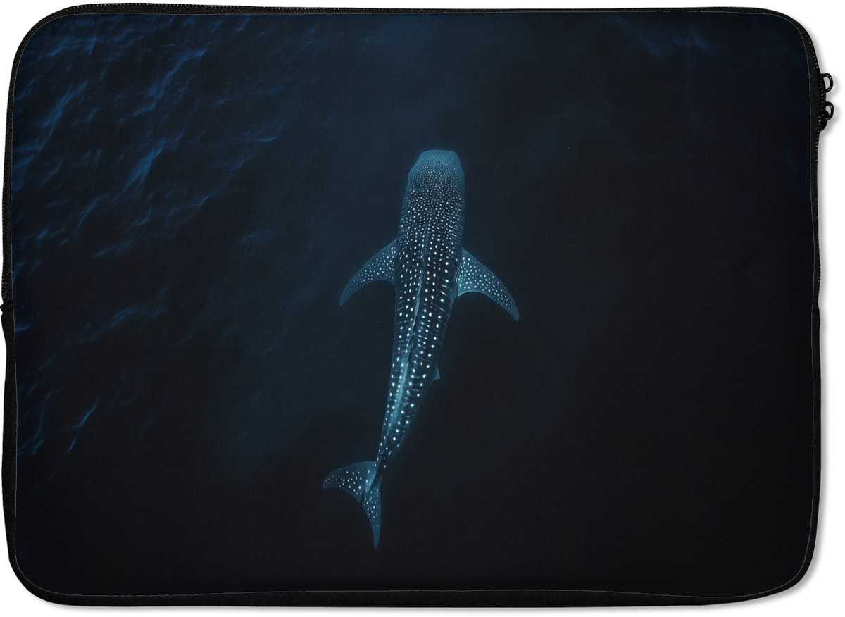Laptophoes 14 inch - Oceaan - Walvishaai - Donkerblauw - Vlekken - Laptop sleeve - Binnenmaat 33x23 cm - Zwarte achterkant