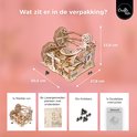 Houten knikkerbaan met afmetingen. Inclusief 1x Marble run, 8x Lasergesneden planken, 10x Knikkers, 1x Handleiding.