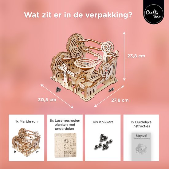 Houten knikkerbaan met afmetingen. Inclusief 1x Marble run, 8x Lasergesneden planken, 10x Knikkers, 1x Handleiding.