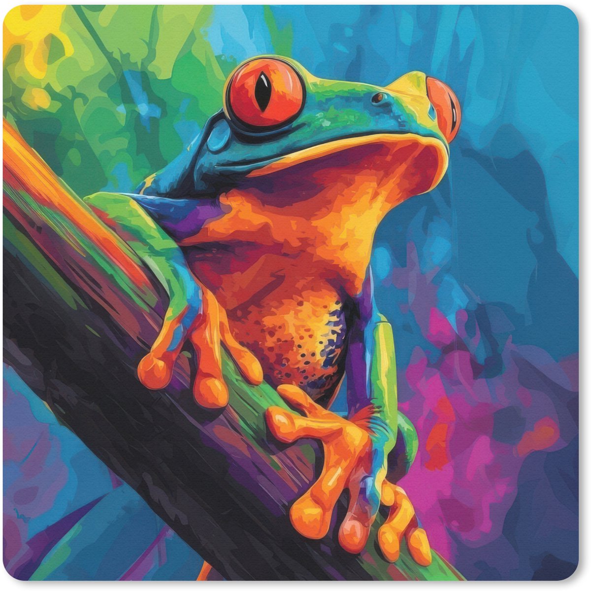 Muismat 20x20 cm - Mousepad Kikker - Felgekleurd - Tak - Regenboog - Muismatten