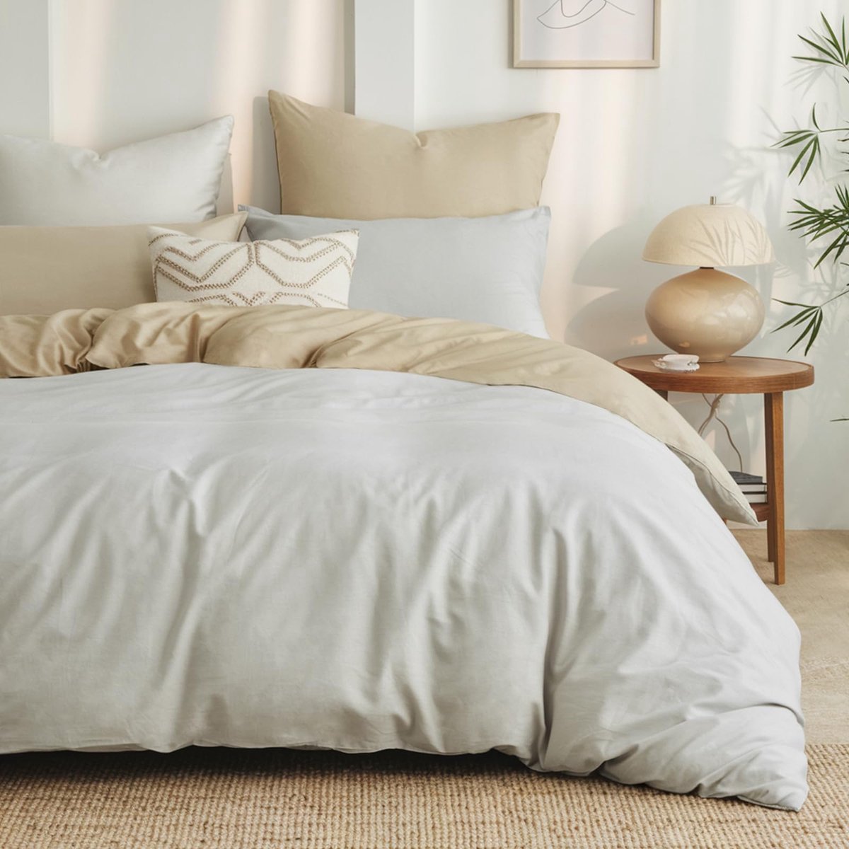 Ibenzoa Omkeerbare tweekleurige katoenen beddengoedset met kussenslopen kaki beige