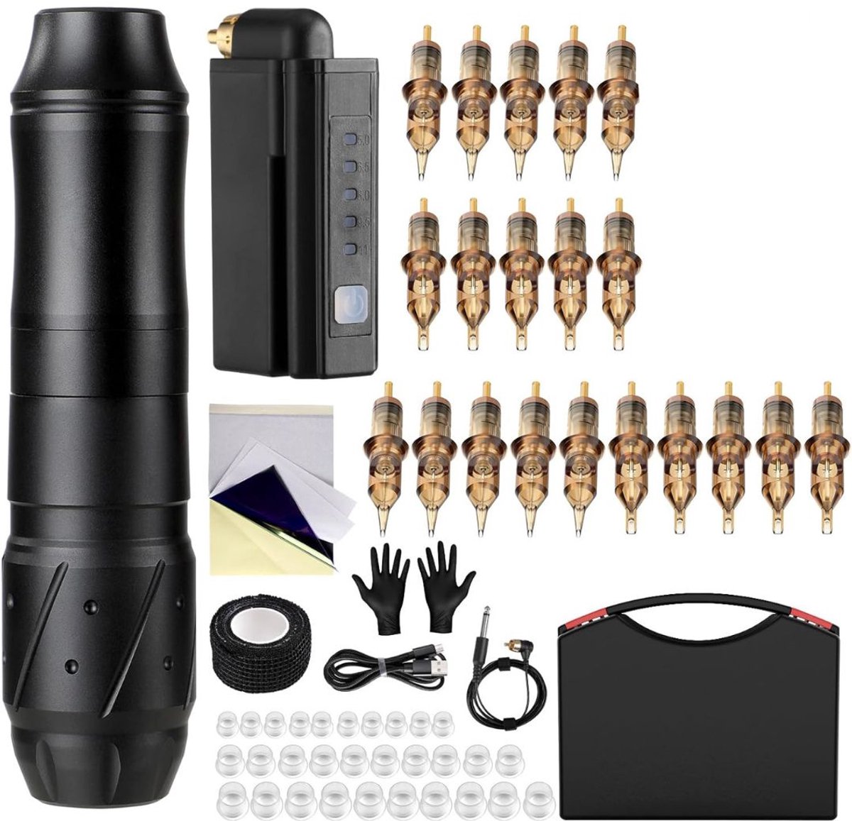 Tattoo Machine met Accessoires - Tattoo Machines Draadloos - Tattoo Set Inclusief Inkt en Naalden - Zwart