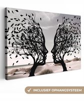 Canvas schilderij 140x90 cm - Wanddecoratie Bomen - Gezicht - Bladeren - Moderne kunst - Muurdecoratie woonkamer - Kamer decoratie modern - Abstracte schilderijen