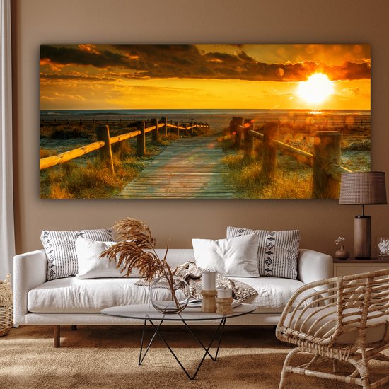 Canvas schilderij 200x100 cm - Wanddecoratie Zon - Strand - Duin - Horizon - Gras - Pad - Oranje - Muurdecoratie woonkamer - Slaapkamer decoratie - Kamer accessoires - Schilderijen op canvas