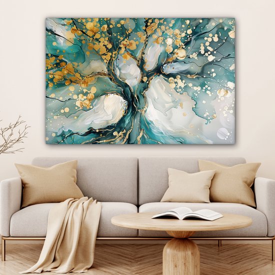Canvas schilderij 120x80 cm - Wanddecoratie Boom - Modern - Verflook - Turquoise - Goud - Muurdecoratie woonkamer - Slaapkamer decoratie - Kamer accessoires - Schilderijen op canvas