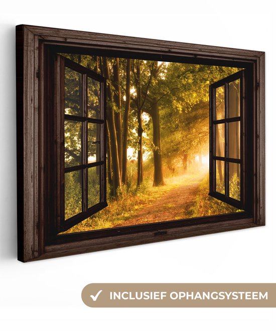 Een houten raam dat uitkijkt op een zonnig bos met een pad, zonnestralen door de bladeren. Inclusief ophangsysteem.