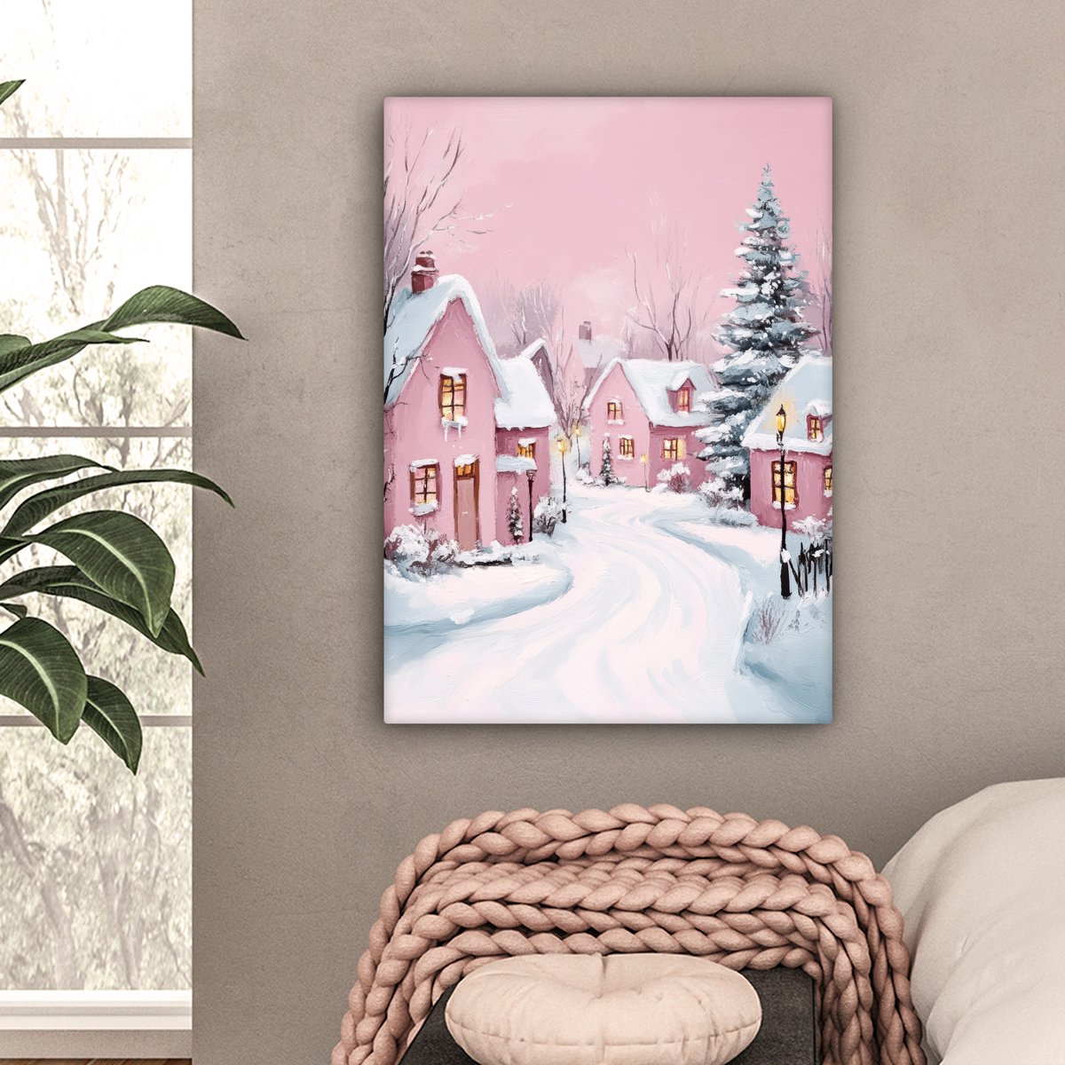 Canvas schilderij 60x80 cm - Wanddecoratie Kerstdorp - Roze - Winter - Sneeuw - Huizen - Muurdecoratie woonkamer - Slaapkamer decoratie - Kamer accessoires - Schilderijen op canvas - Kerstdecoratie voor binnen - Kerstversiering - Kerstmis versiering – foto 4