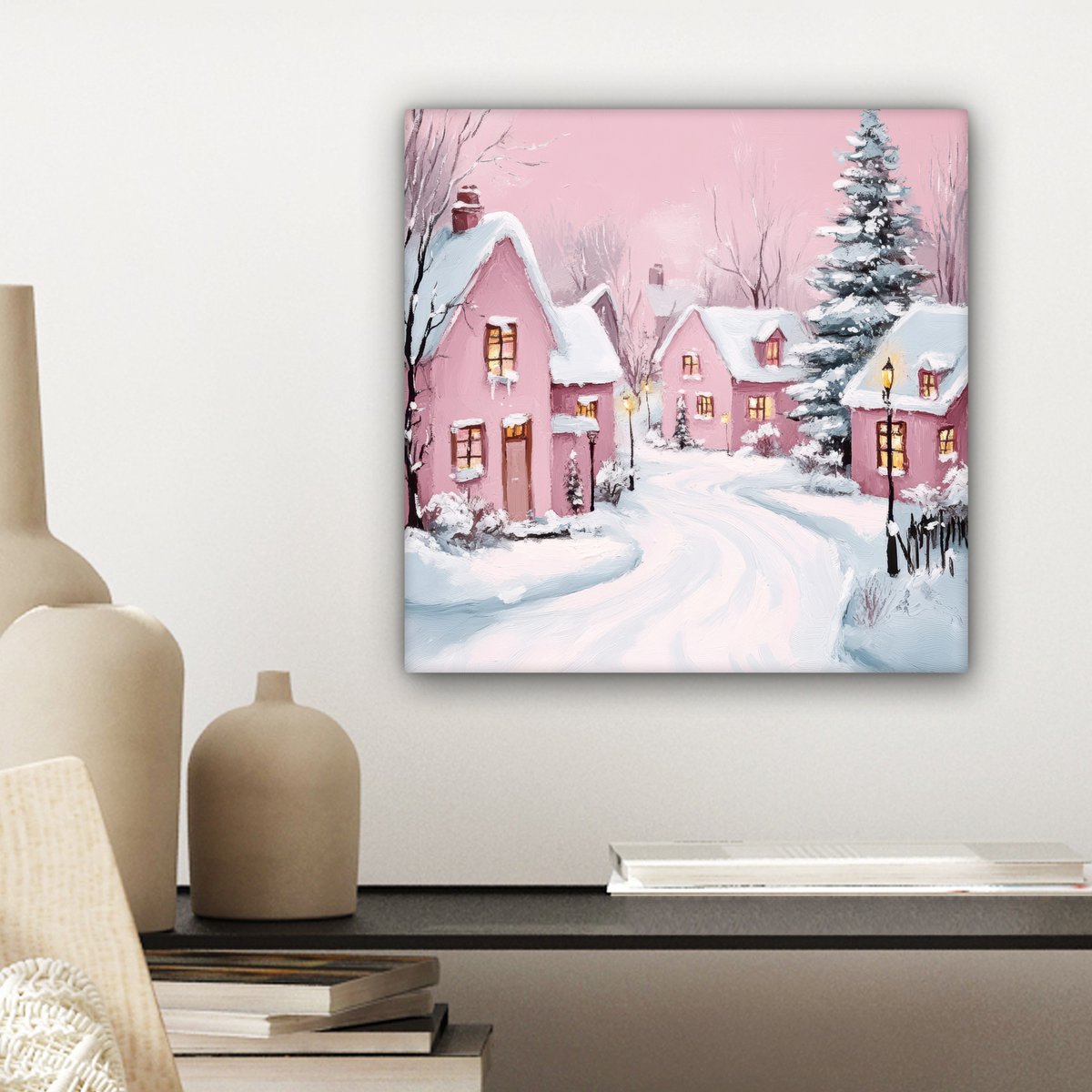 Canvas schilderij 20x20 cm - Wanddecoratie Kerstdorp - Roze - Winter - Sneeuw - Huizen - Muurdecoratie woonkamer - Slaapkamer decoratie - Kamer accessoires - Schilderijen op canvas - Kerstdecoratie voor binnen - Kerstversiering - Kerstmis versiering – foto 7